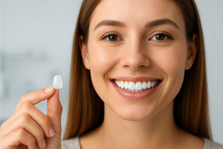 Ein Mädchen hält ein Furnier ohne Vorbereitung in der Hand