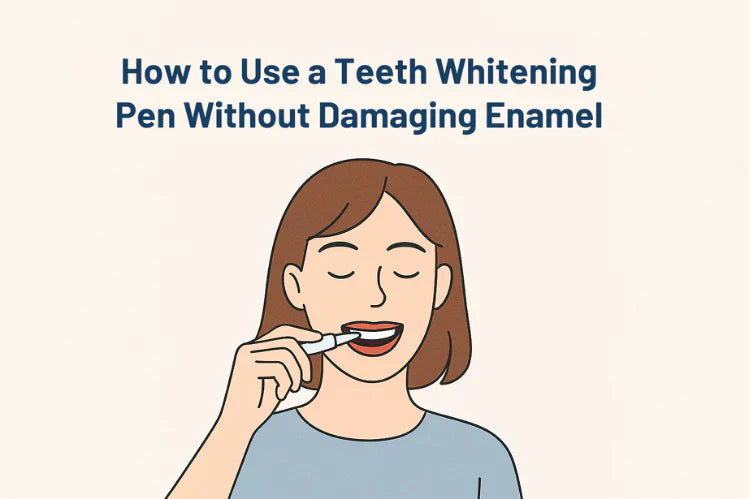 Ein Mädchen, das einen Zahnaufhellungsstift benutzt