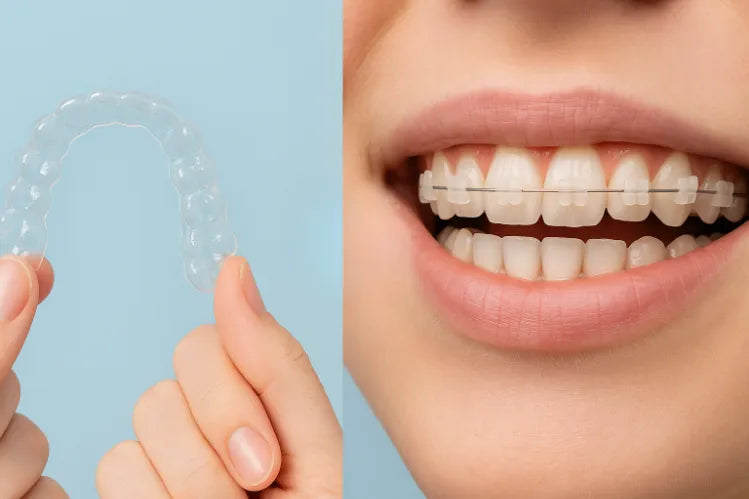 Ein direkter Vergleich von weißen Zahnspangen und transparenten Zahnschienen.