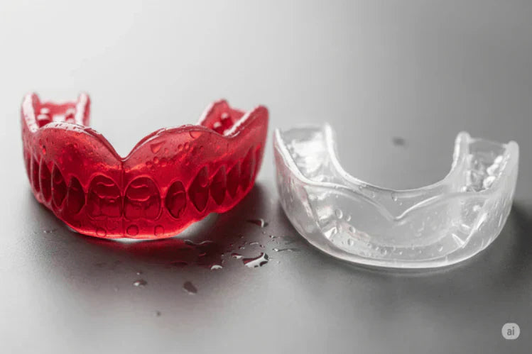 Ein spezieller Boxmundschutz (rot) und ein Multisport-Mundschutz (transparent)