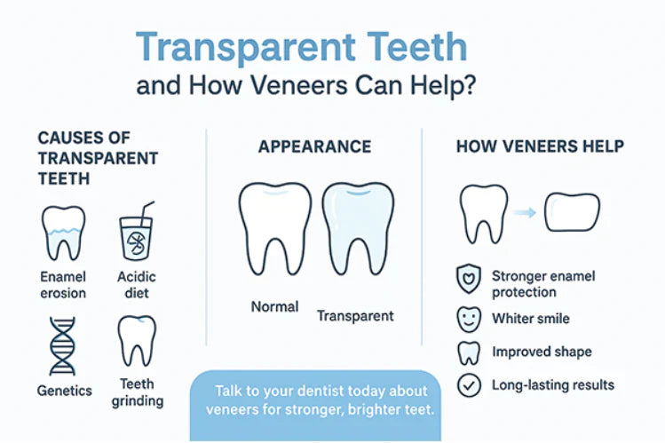 Ein Bild zeigt, wie Veneers transparenten Zähnen helfen können.