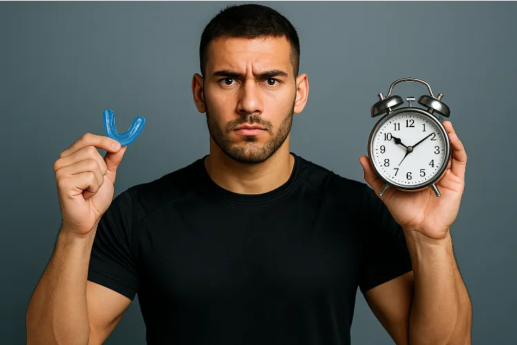 Ein Sportler hält in der einen Hand einen Mundschutz und in der anderen eine Uhr, um die Tragezeit eines Mundschutzes darzustellen