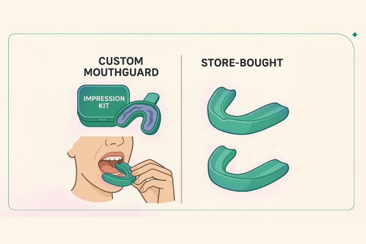 Eine Abbildung des ALIGNERCO-Mundschutzes zusammen mit Reinigungsutensilien.