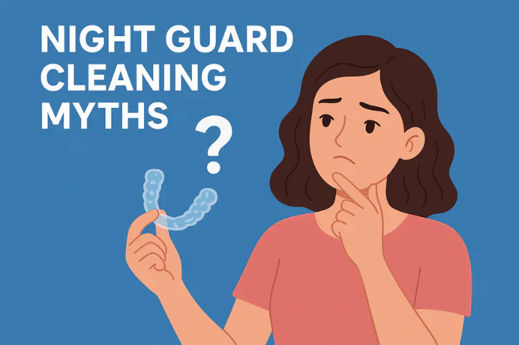 Ein Mädchen denkt über Mythen zur Reinigung von Aufbisschienen nach.