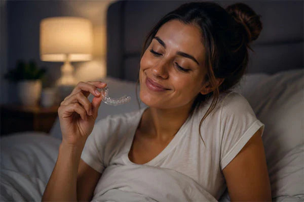 Eine Frau im Bett, die Nachtwächter hält