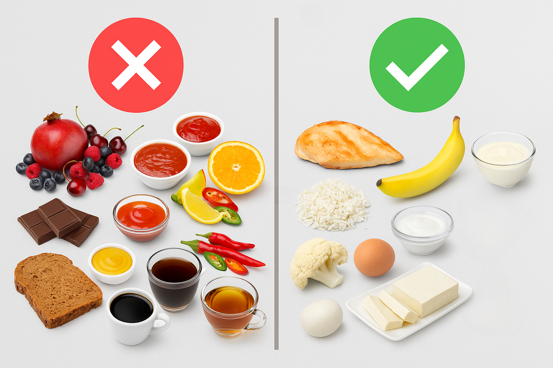 A side-by-side image of foods to avoid with braces and foods to eat with braces